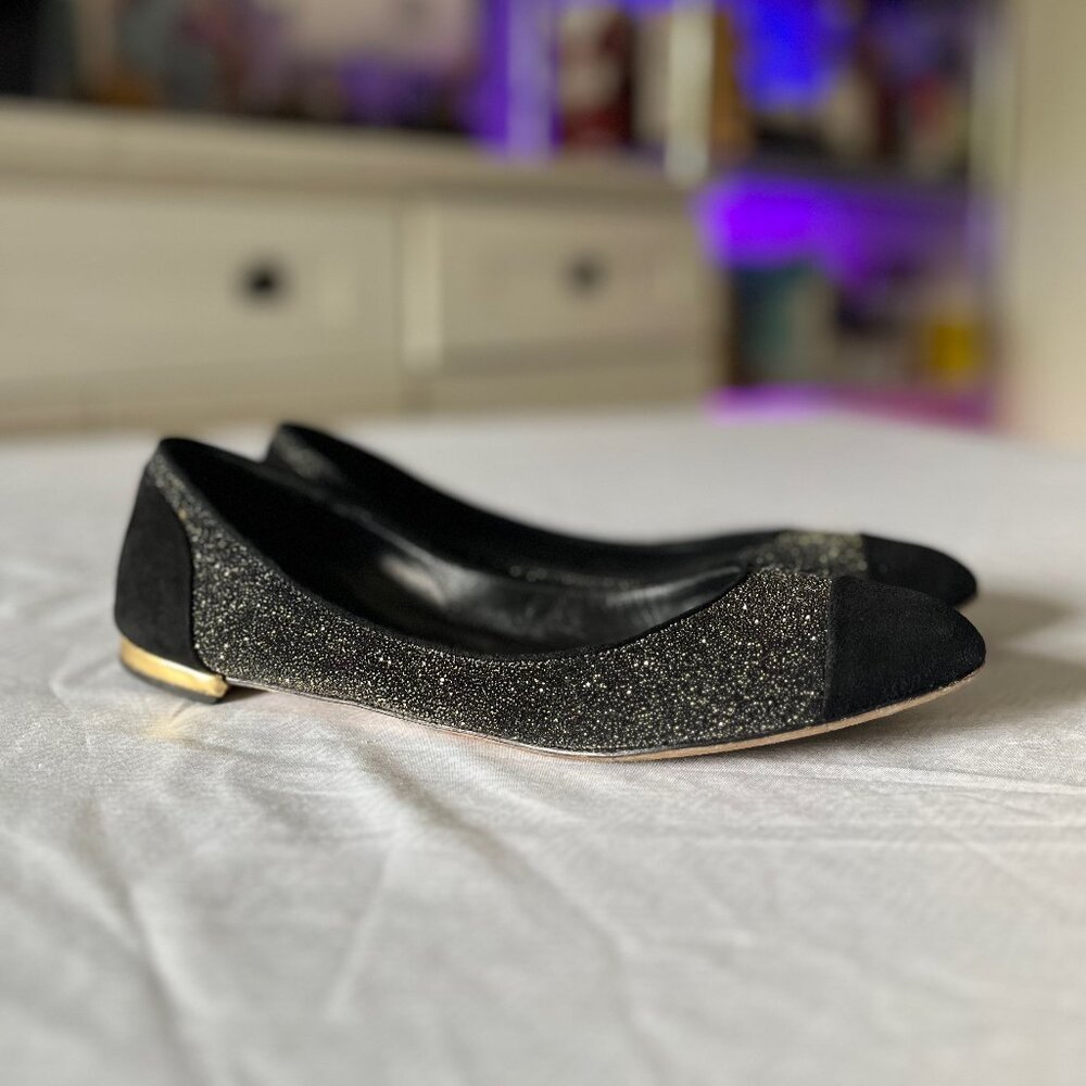 Authentic Designer Brian Atwood BF Avignon Size 7 Black Suede Pointed Toe Flats